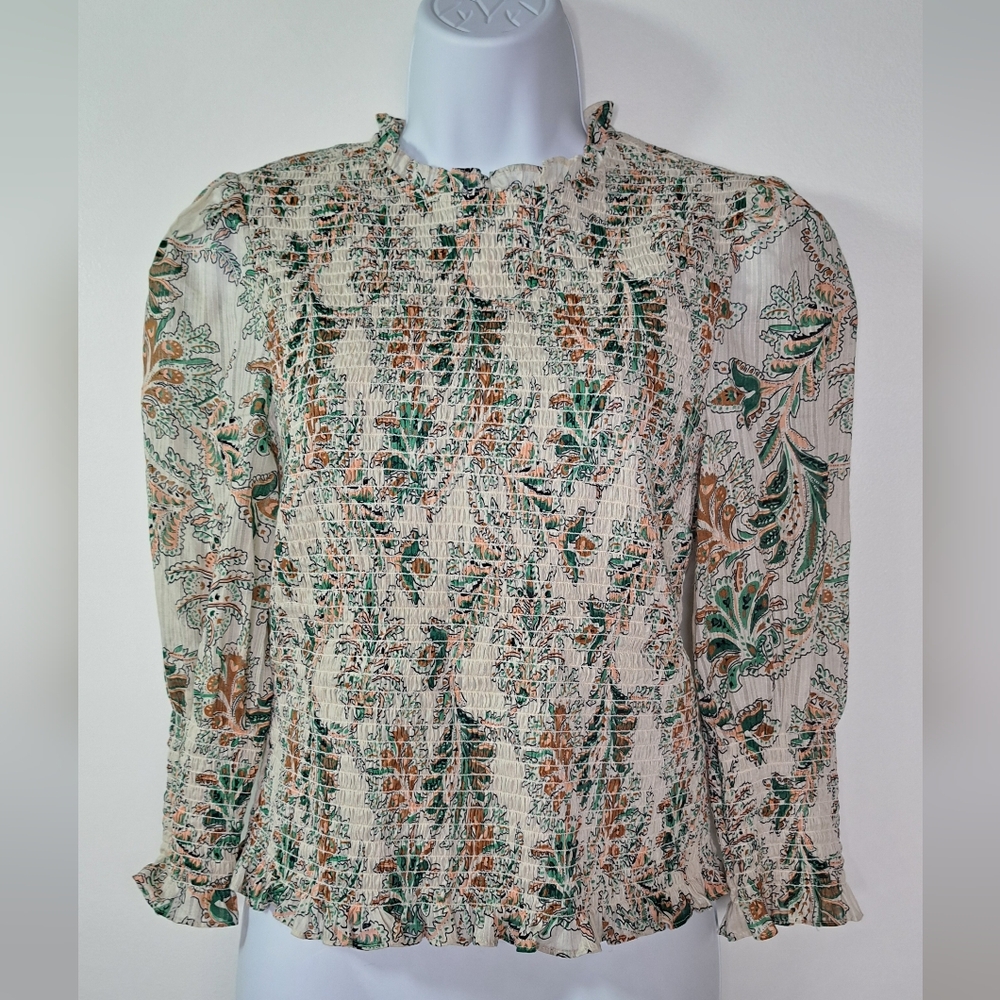 Veronica Beard Kali Smocked Cotton Puff 3/4 Sleeve Top Stone Multi Size 2